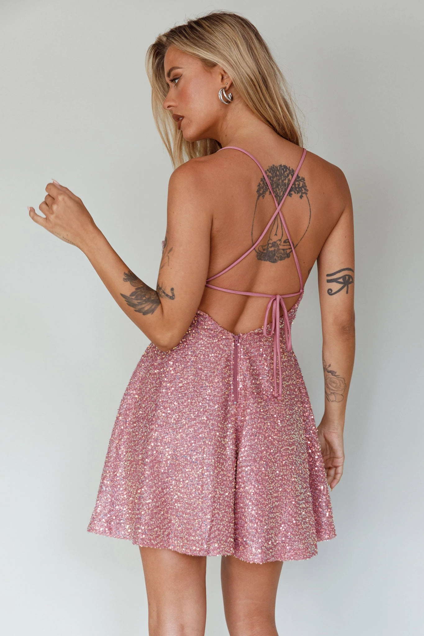Into The Night Tied Back Sequin Dress Mauve - Image 2