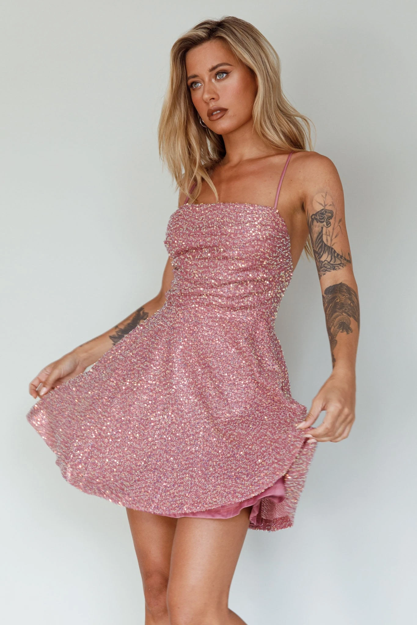 Into The Night Tied Back Sequin Dress Mauve - Image 8