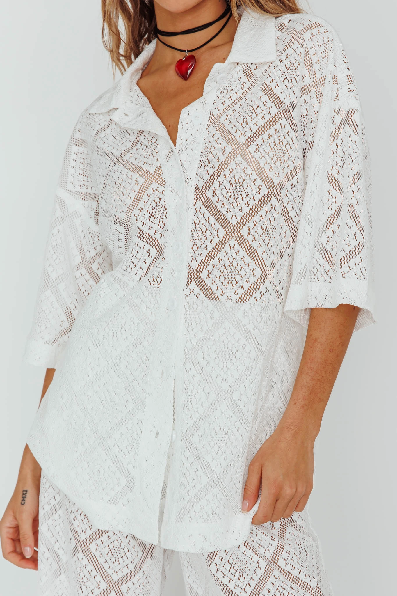 Abraya Lace Button-Up Shirt White - Image 4