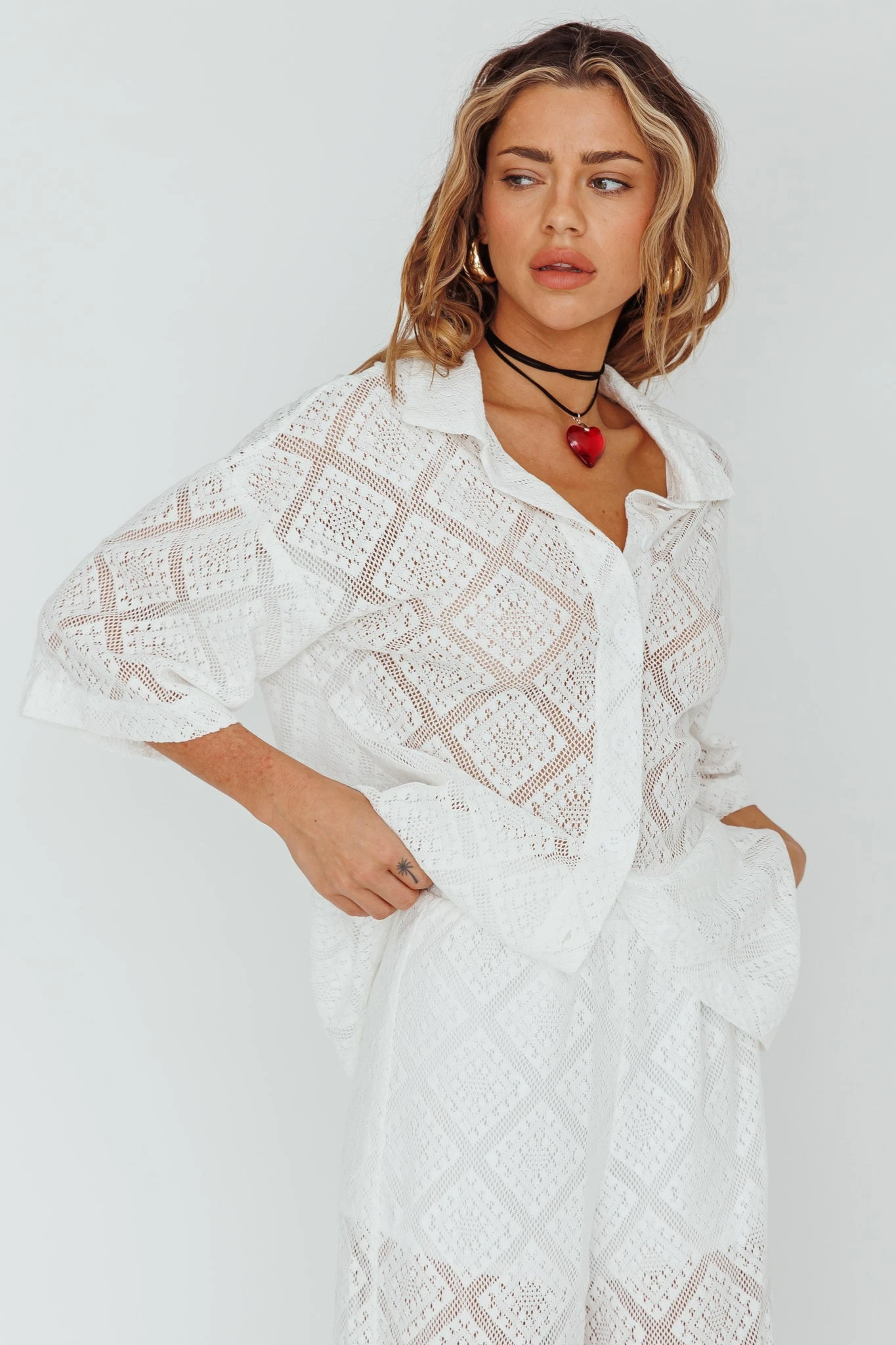 Abraya Lace Button-Up Shirt White - Image 6