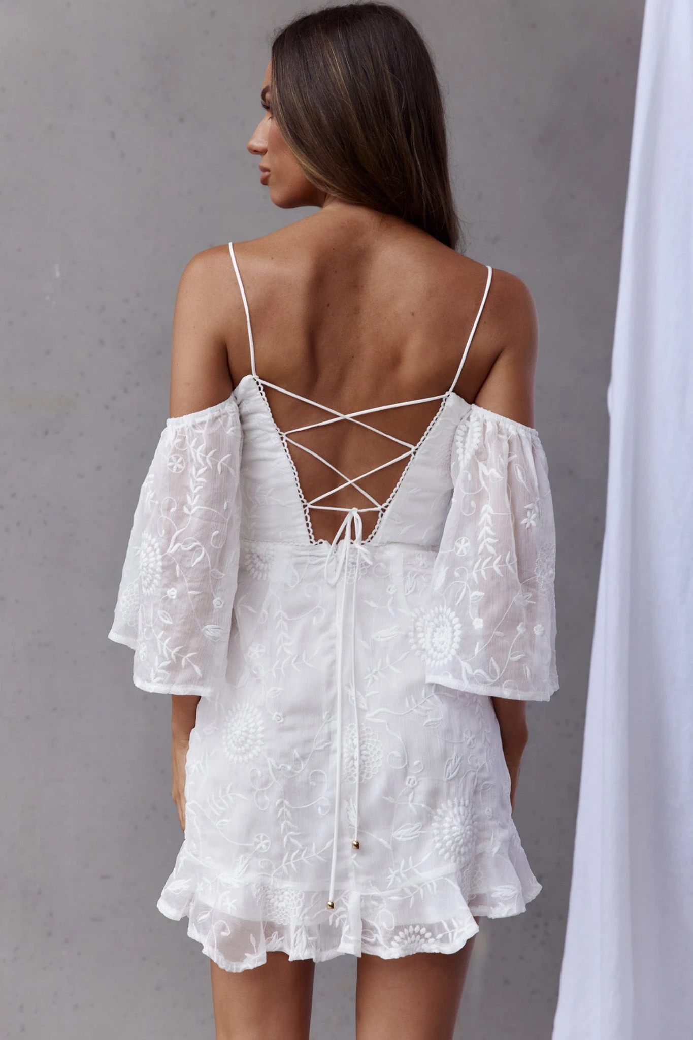 Koda Bell Sleeve Lace-Up Back Mini Dress White - Image 2