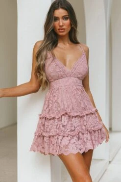 Sunshine Morning Crochet Lace Frill Trim Tied Back Lace Mini Dress Rose