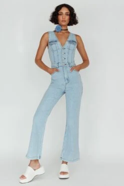 Jazelle Button Front Jumpsuit Washed Blue