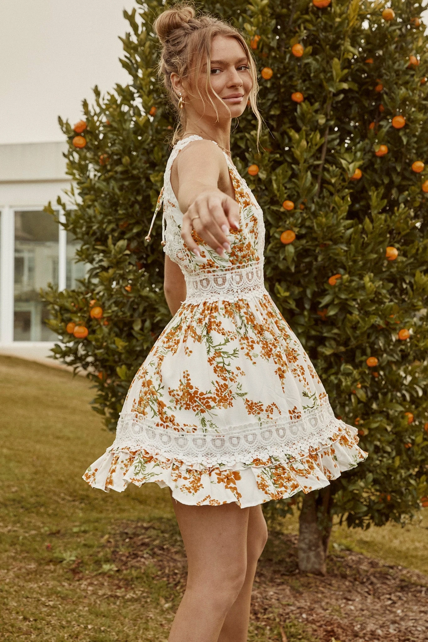 Indio Crochet Insert Deep V-Neckline Mini Dress Floral Print White/Orange - Image 5