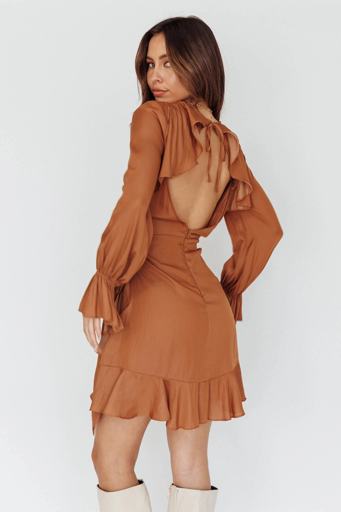 Darla Long Sleeve Satin Dress Tan - Image 3