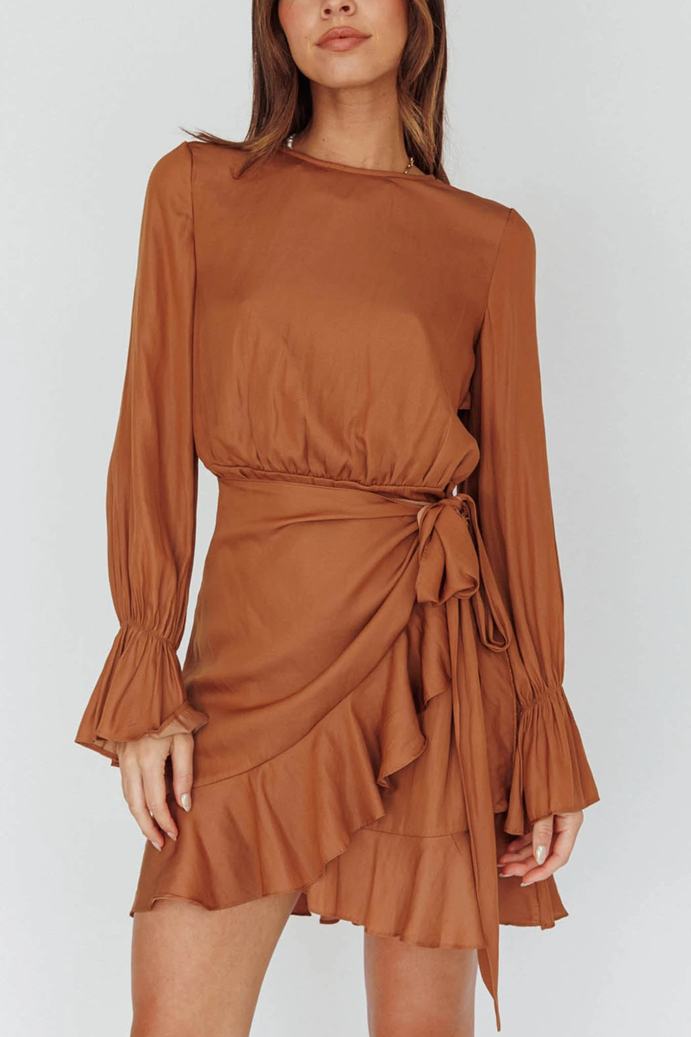 Darla Long Sleeve Satin Dress Tan - Image 4