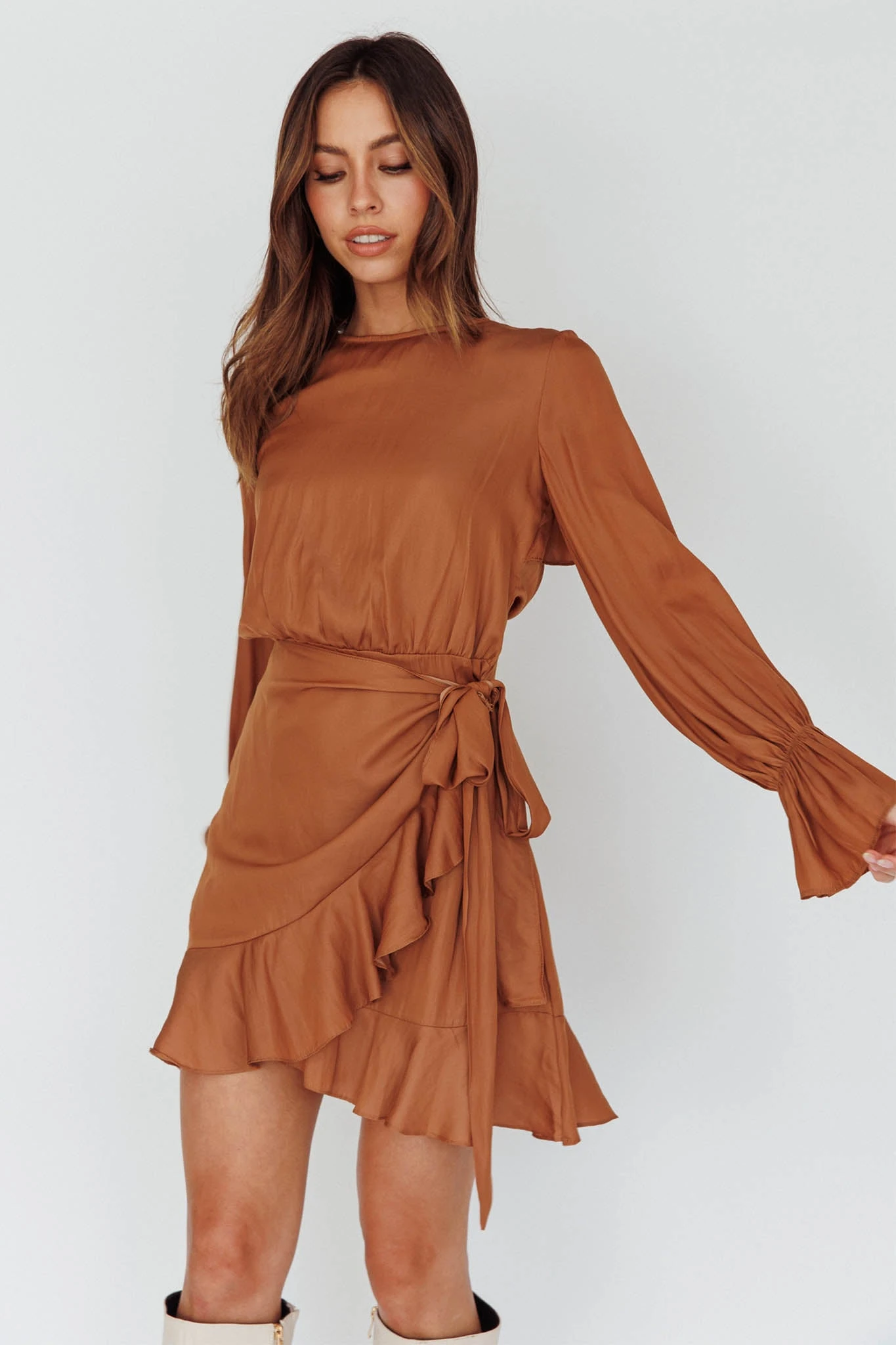 Darla Long Sleeve Satin Dress Tan - Image 6