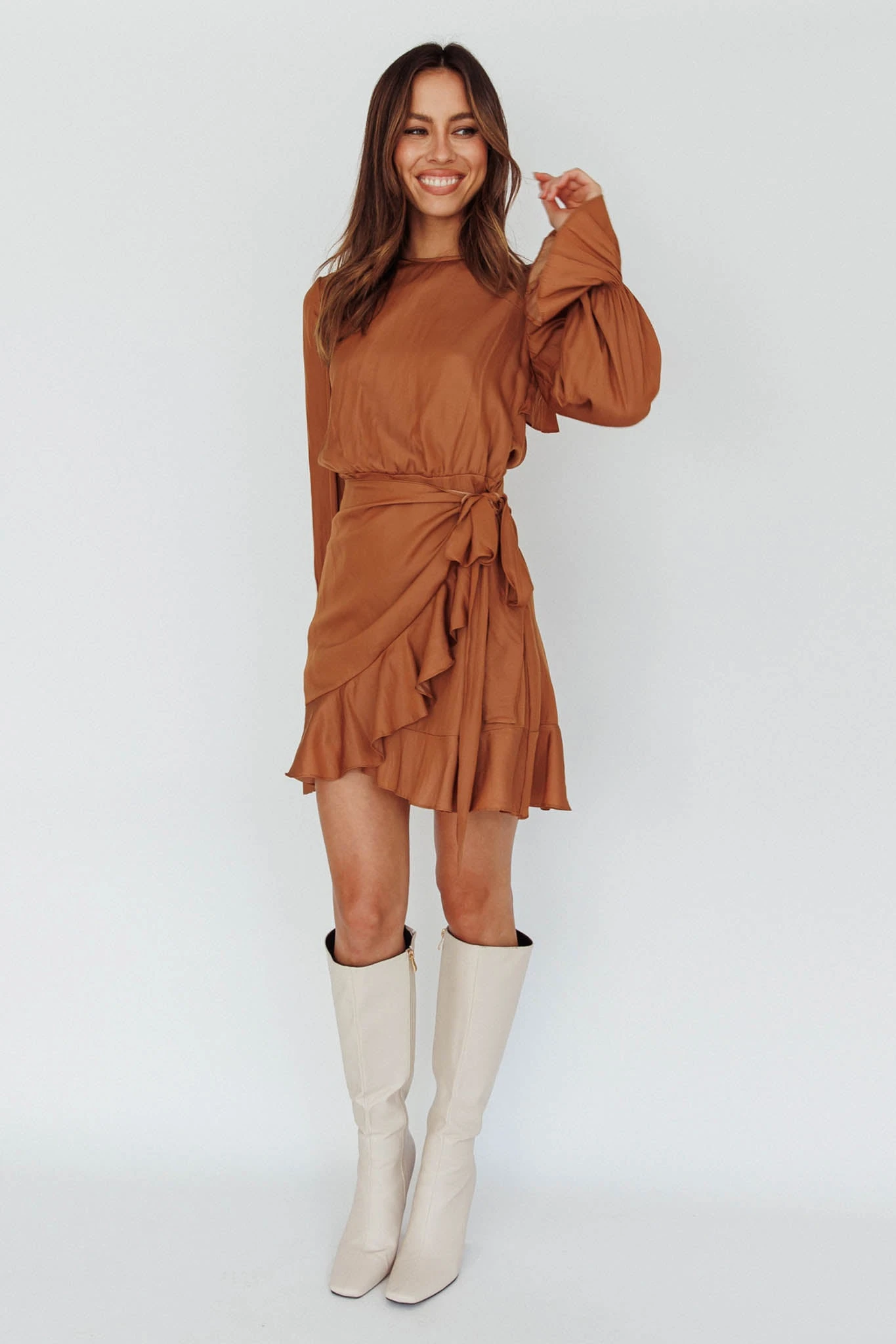 Darla Long Sleeve Satin Dress Tan - Image 7