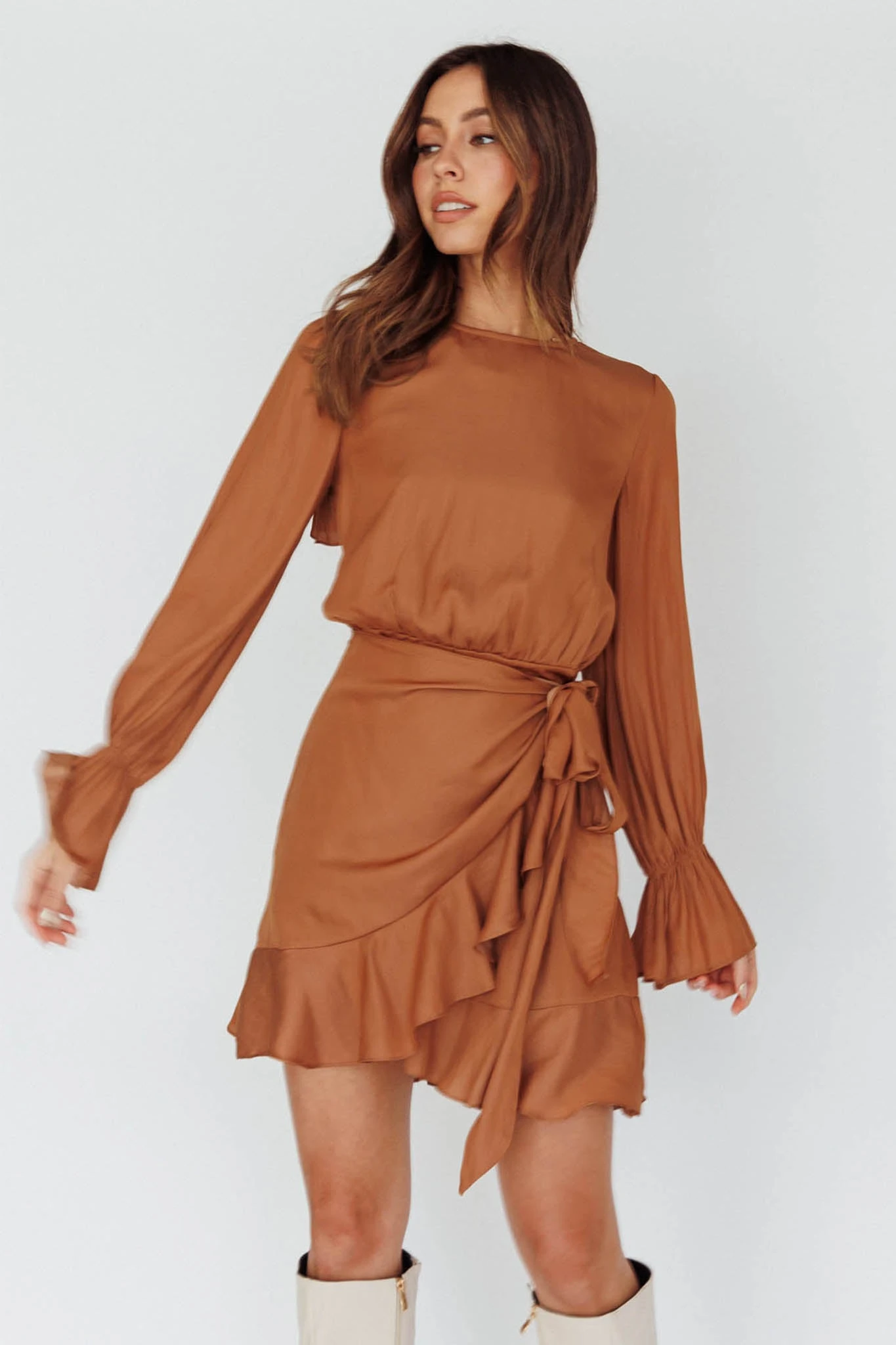 Darla Long Sleeve Satin Dress Tan - Image 8