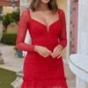 Tamara V-Neckline Ruched Long Sleeve Lace Mesh Dress Red