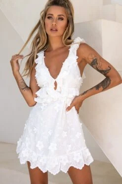 Day Star Floral Lace Embellished Open Back Dress White