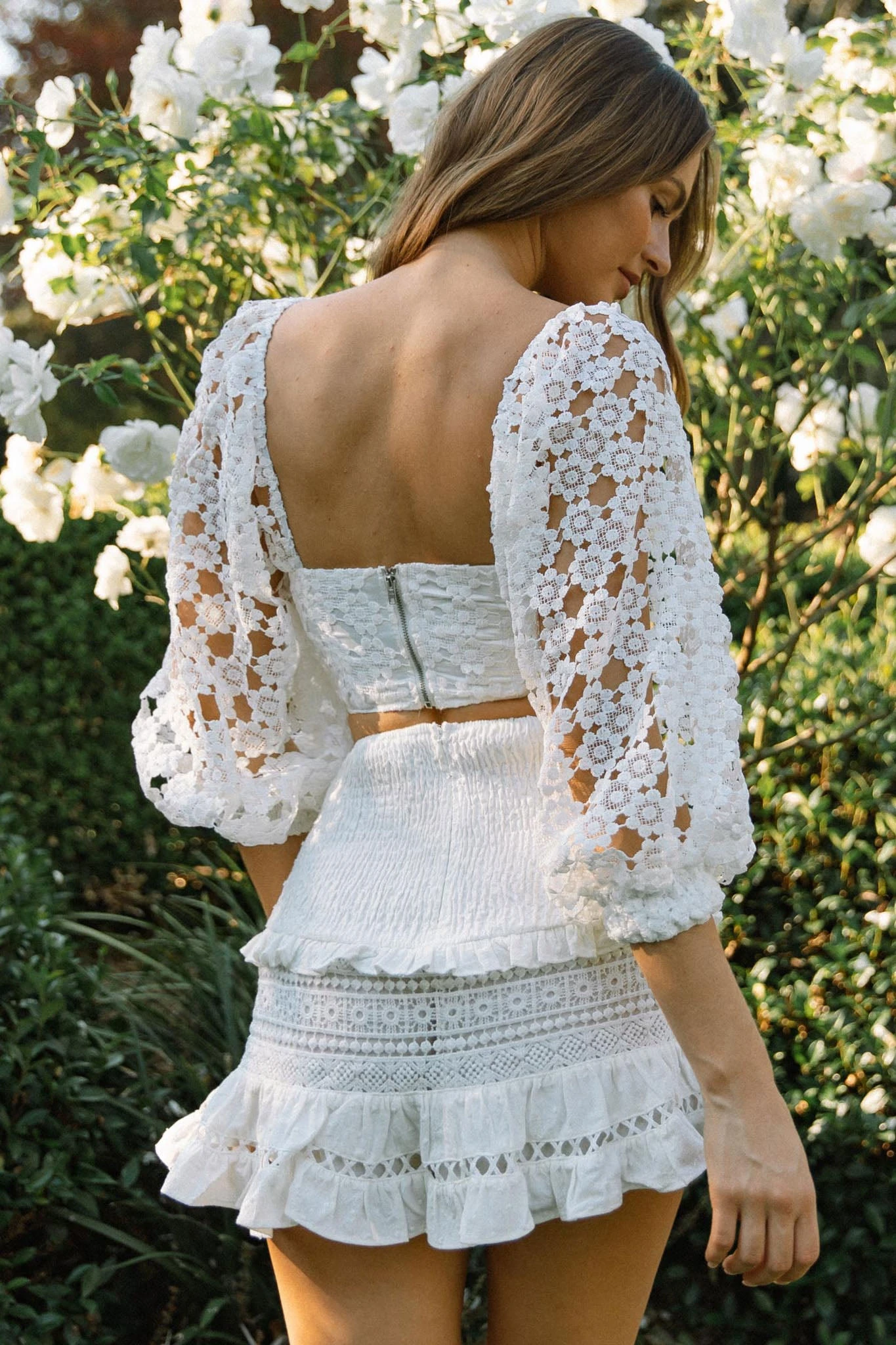 Summer Bloom Balloon Sleeve Lace Overlay Crop Top White - Image 2