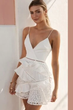 Taurus Floral Embroidery And Ruffle Trim Dress White