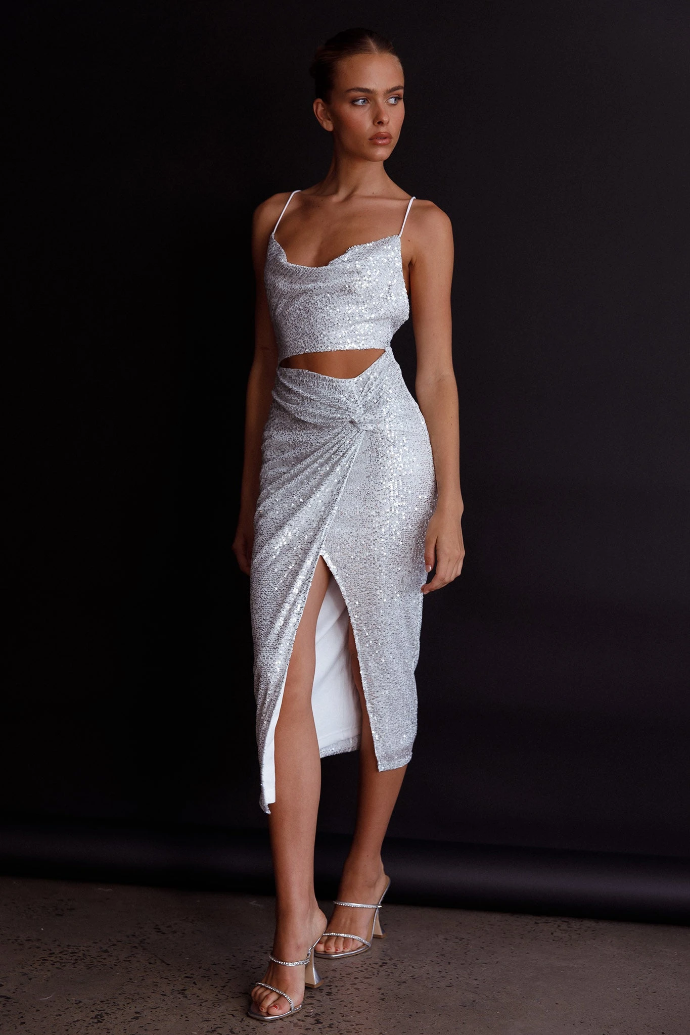 Miami Nights Cowl Neckline Twist Feature Midi Dress Sequin Silver - Image 6