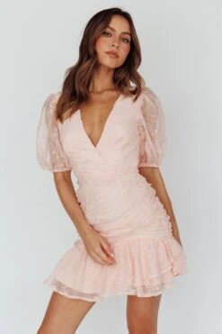 Cherry Blossom Puff Sleeve Wide Ruffle Hem Dress Pink
