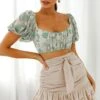 Aimee Puff Sleeve Floral Lace Crop Top Mint