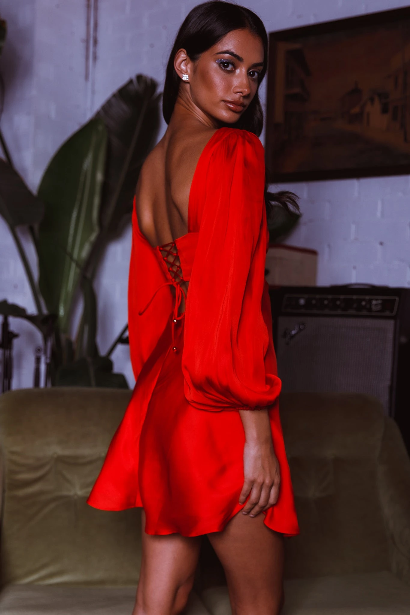 Jonah Lace-Up Back Mini Dress Red - Image 2