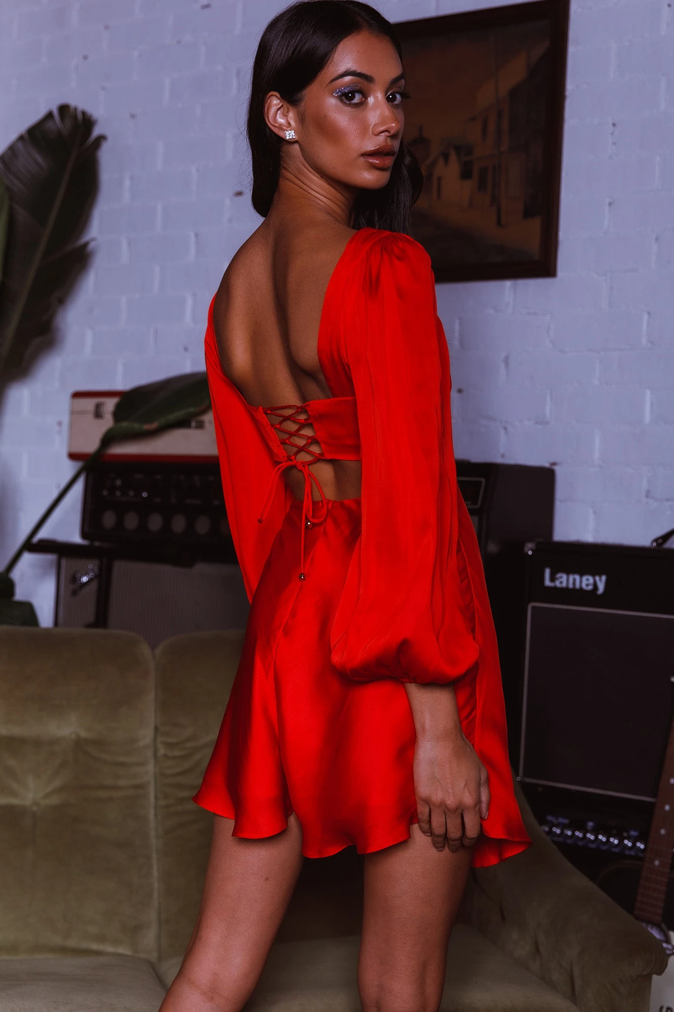 Jonah Lace-Up Back Mini Dress Red - Image 8