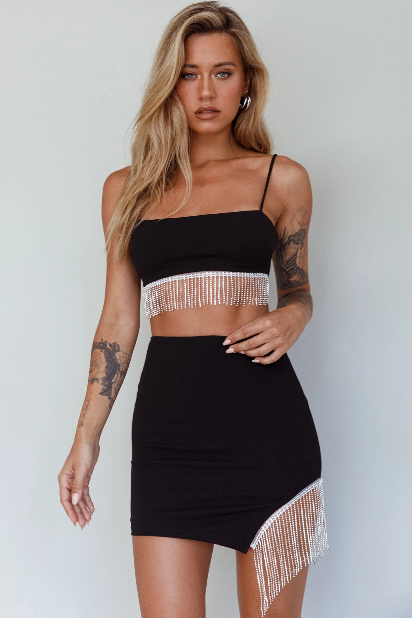 Call On Me Diamante Fringe Mini Skirt Black - Image 7