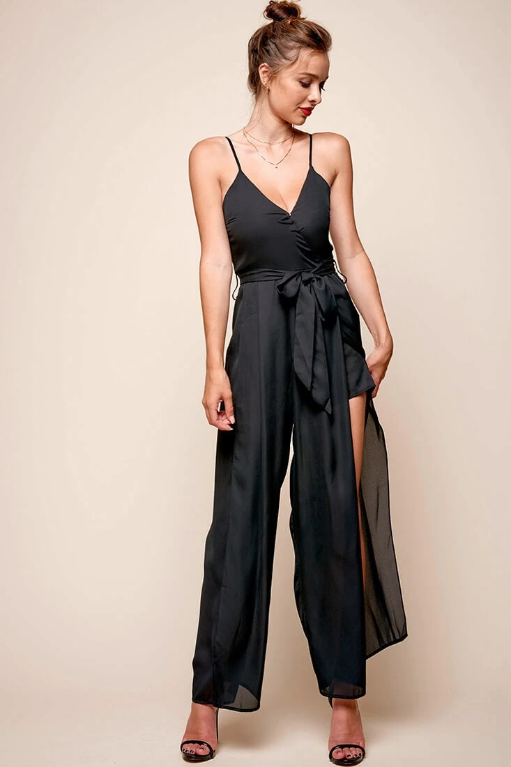Carrie High Slit Chiffon Jumpsuit Black - Image 3