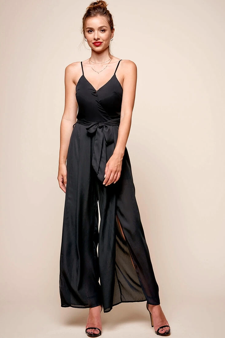 Carrie High Slit Chiffon Jumpsuit Black - Image 2