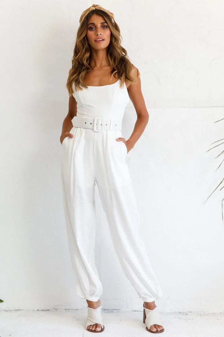 Santa Barbara Cuffed Hem Belted Jumpsuit White - Image 5