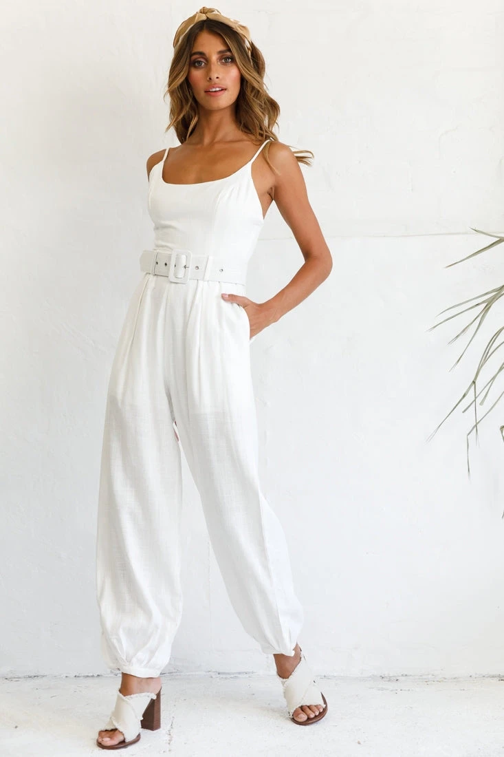 Santa Barbara Cuffed Hem Belted Jumpsuit White - Image 2