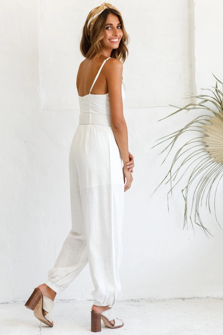 Santa Barbara Cuffed Hem Belted Jumpsuit White - Image 3