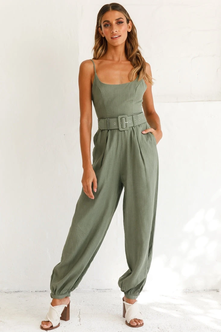 Santa Barbara Cuffed Hem Belted Jumpsuit Olive - Image 2