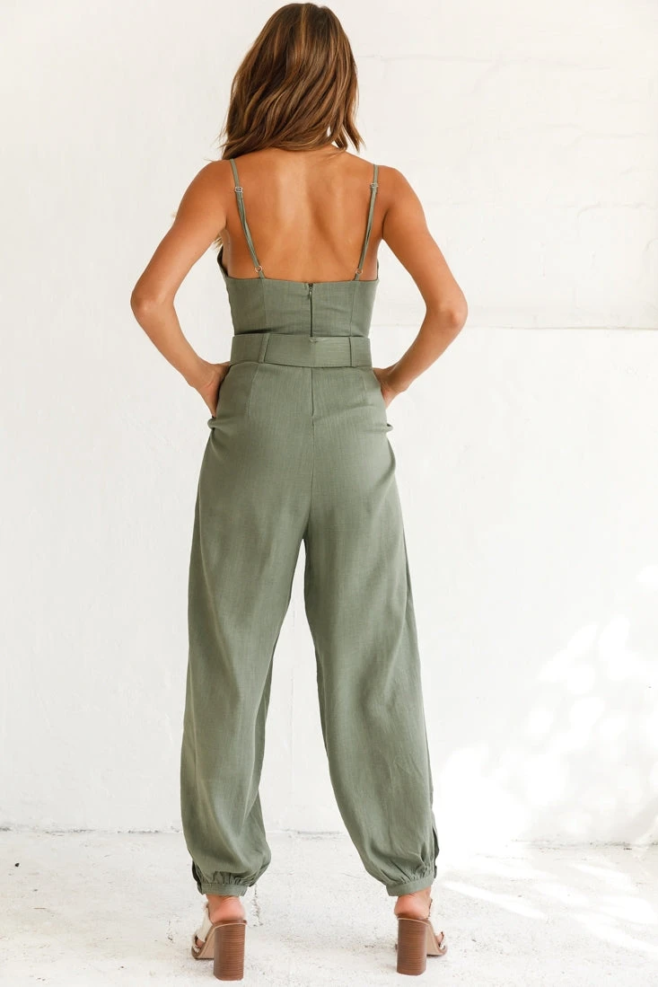 Santa Barbara Cuffed Hem Belted Jumpsuit Olive - Image 3