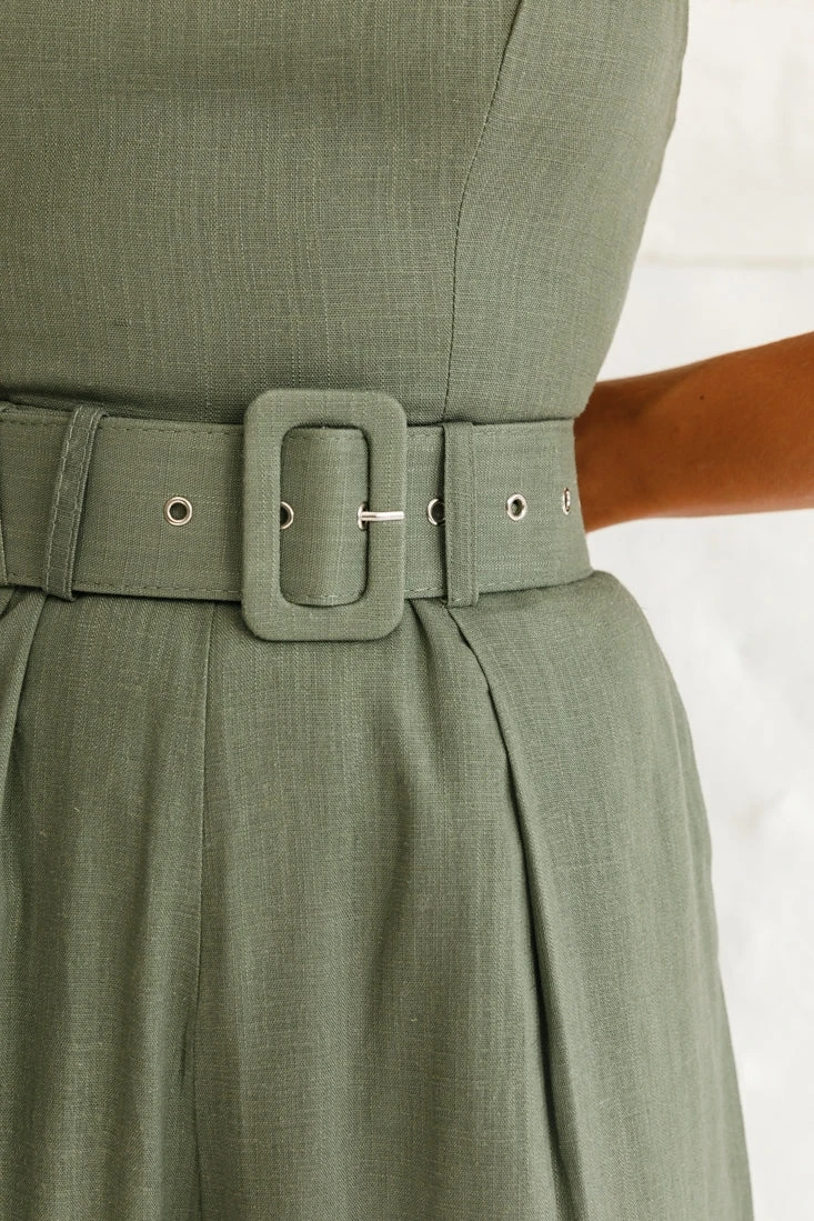 Santa Barbara Cuffed Hem Belted Jumpsuit Olive - Image 4