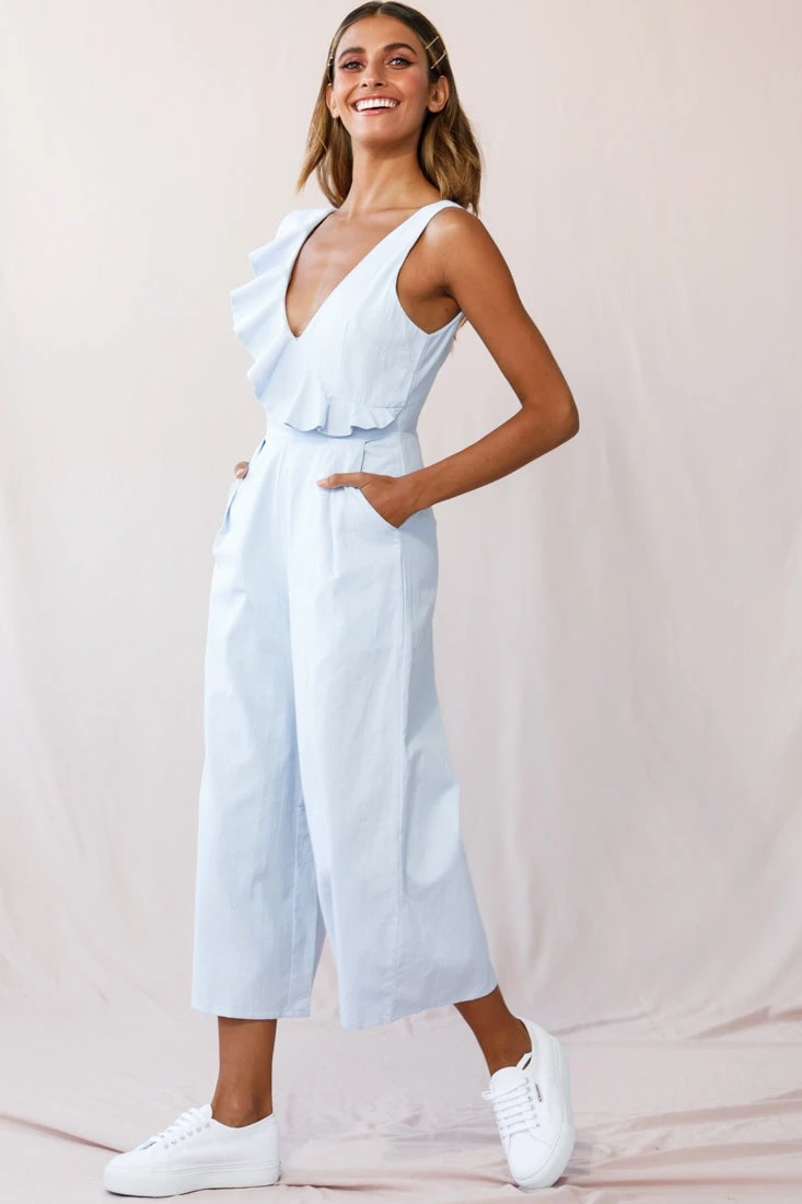 Cheryl Ruffle Strap Wide Leg Jumpsuit Steel Blue - Image 2