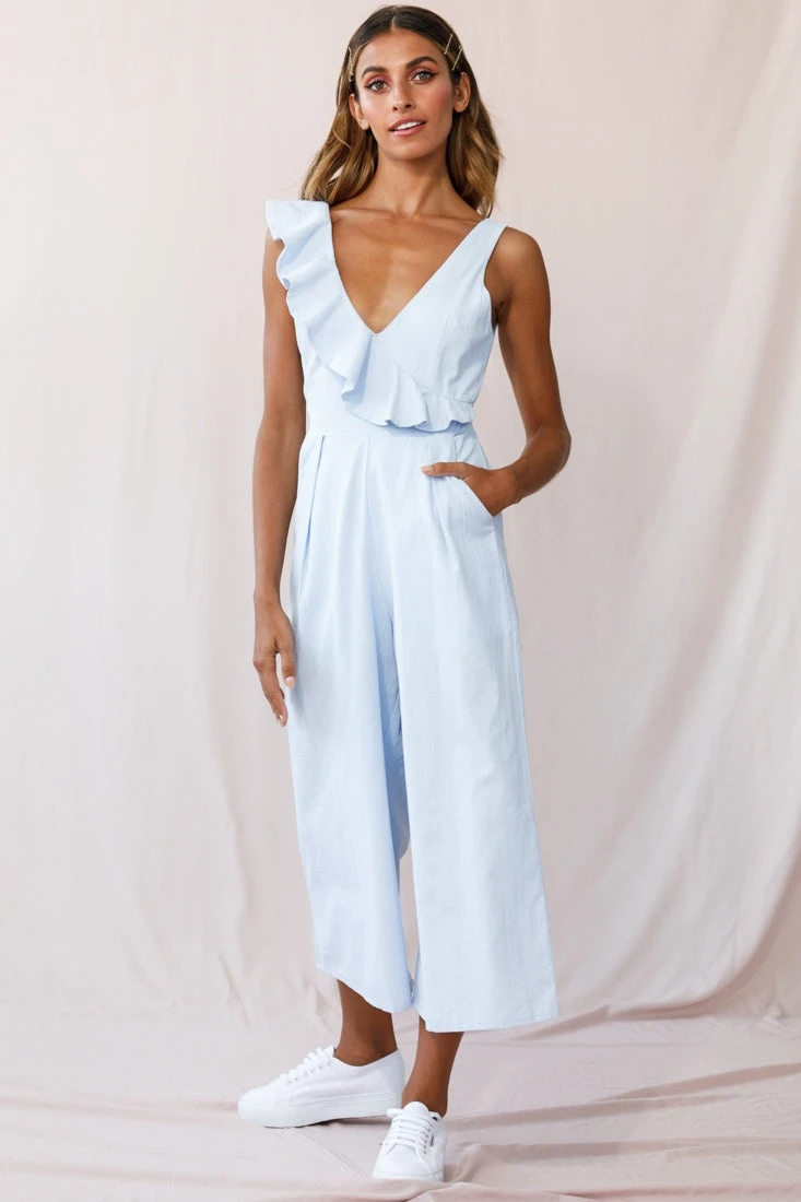 Cheryl Ruffle Strap Wide Leg Jumpsuit Steel Blue - Image 5