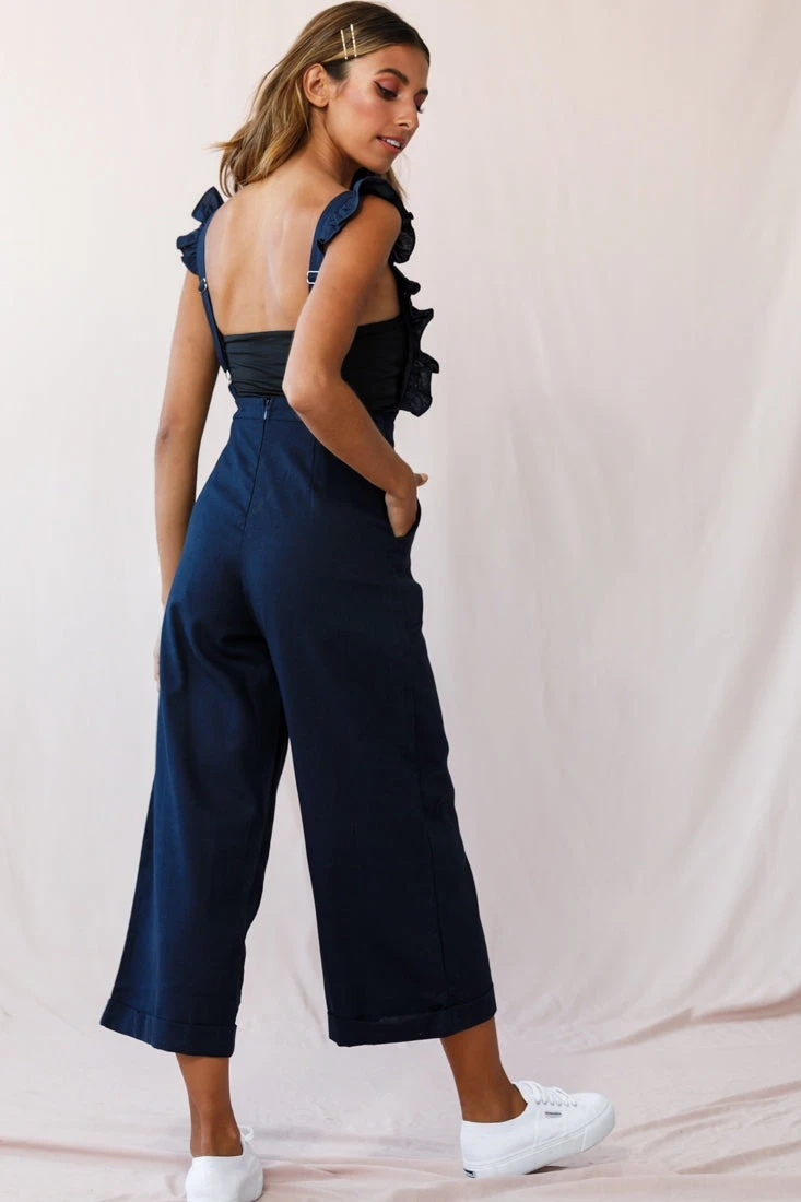 Serenade Ruffle Strap Pinafore Jumpsuit Navy - Image 3