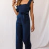 Serenade Ruffle Strap Pinafore Jumpsuit Navy