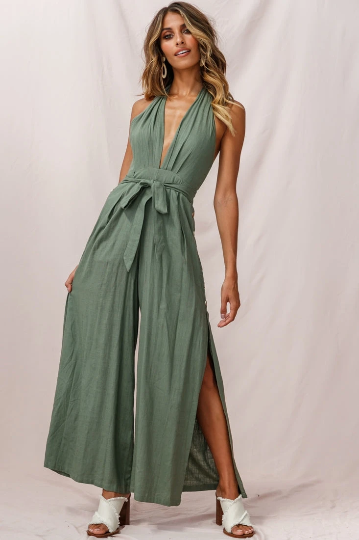 Aruba Wide Leg Halterneck Jumpsuit Khaki - Image 5