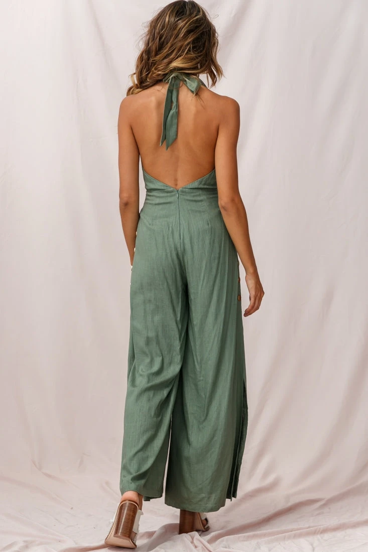 Aruba Wide Leg Halterneck Jumpsuit Khaki - Image 3
