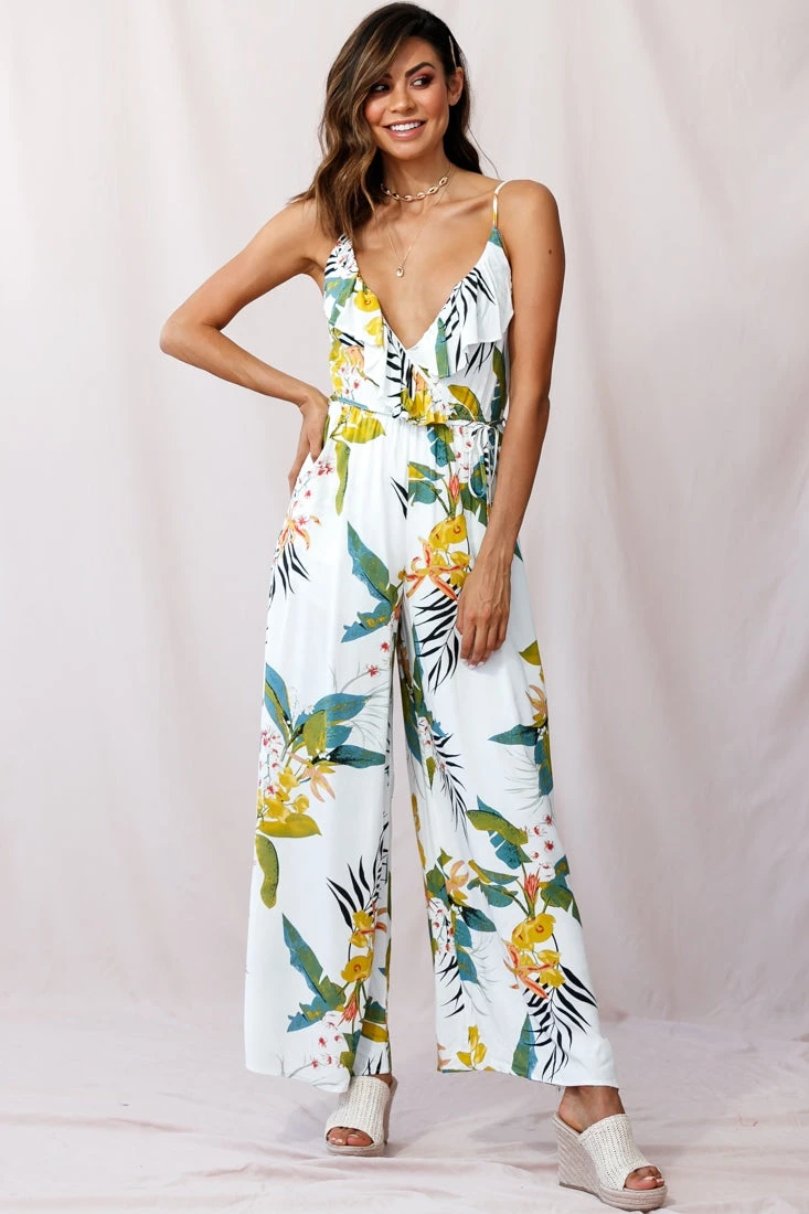 Melita Ruffle V-Neckline Jumpsuit Tropical Print White - Image 6