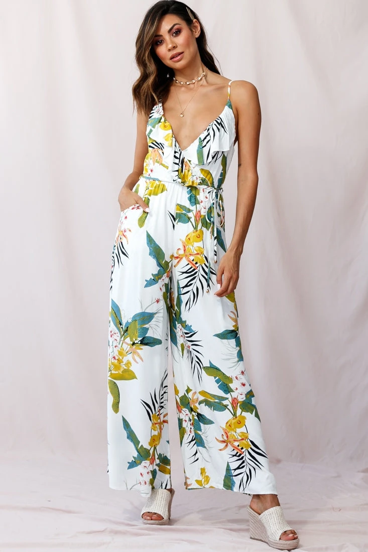 Melita Ruffle V-Neckline Jumpsuit Tropical Print White - Image 2