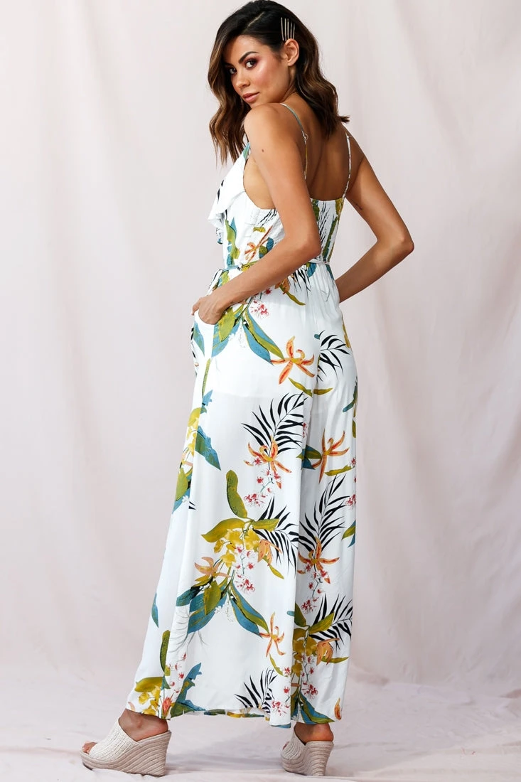 Melita Ruffle V-Neckline Jumpsuit Tropical Print White - Image 3
