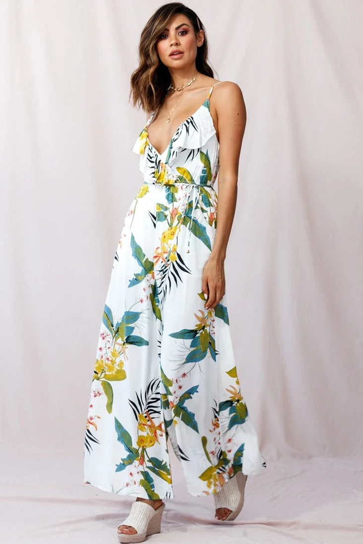 Melita Ruffle V-Neckline Jumpsuit Tropical Print White - Image 5