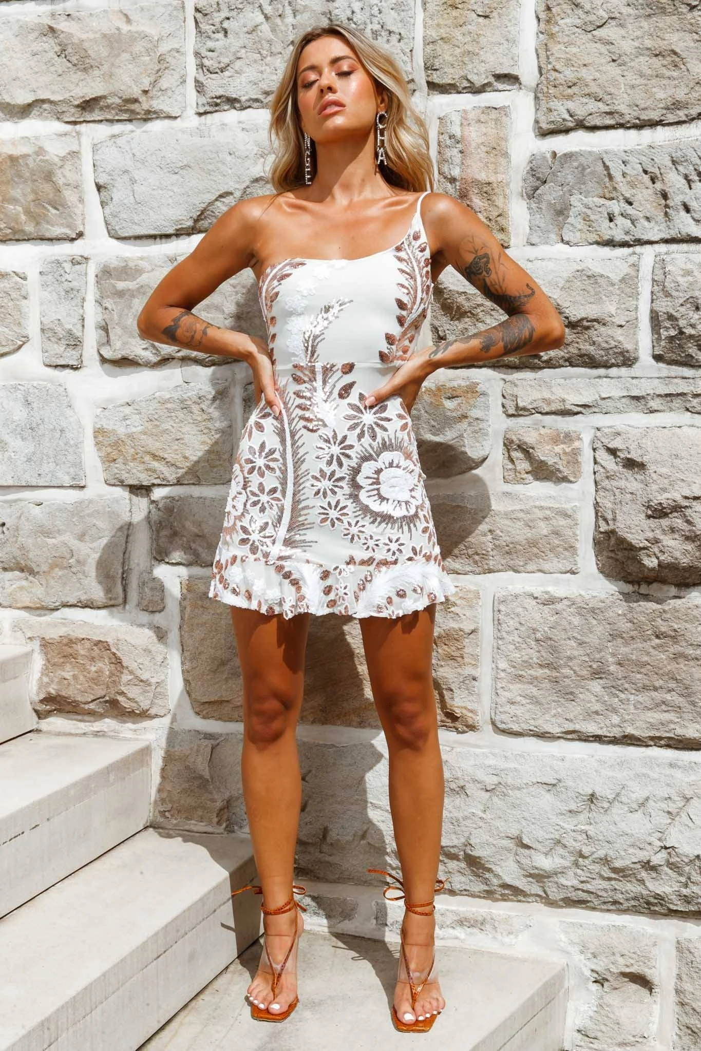 Don't Wait Up One Shoulder Sequin Dress White/Gold - Image 3