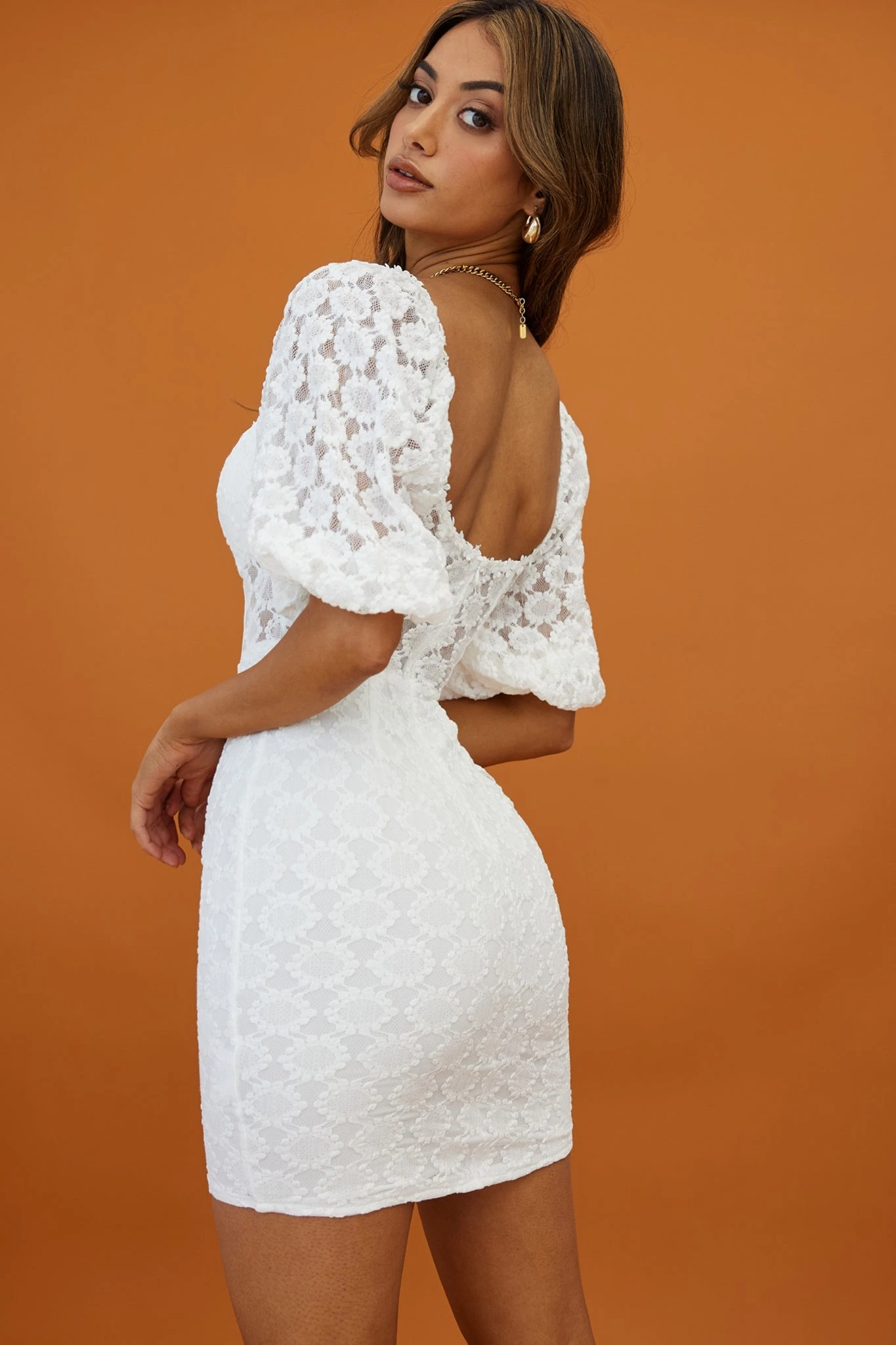 Secret Crush Puff Sleeve Floral Lace Bodycon Dress White - Image 3